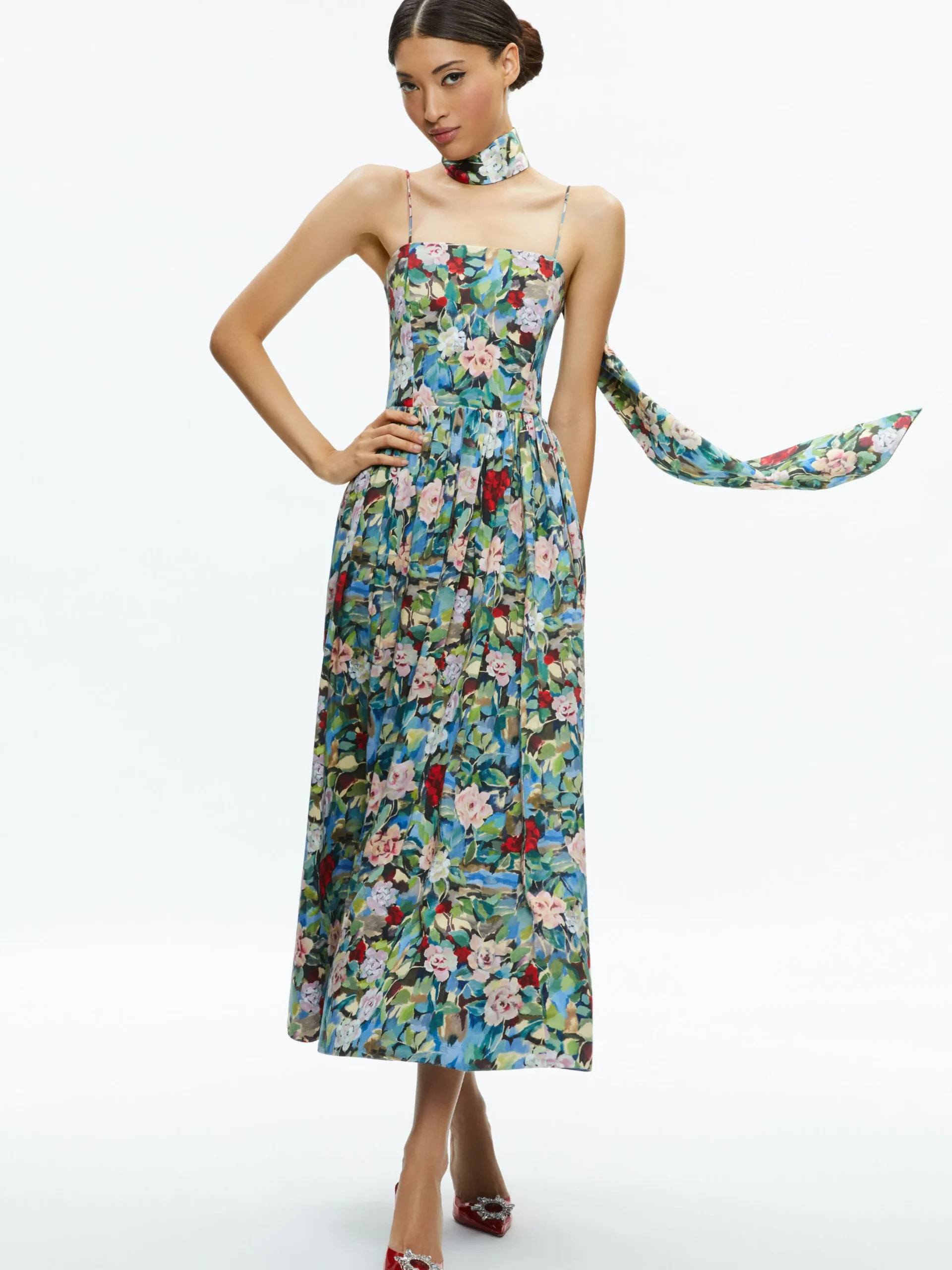 Alice and Olivia GUEST OF|MIDI*GLYNIS SPAGHETTI STRAP SCARF MIDI DRESS