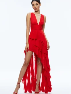 Alice and Olivia GUEST OF|MAXI*HOLLY ASYMMETRIC RUFFLE MAXI DRESS