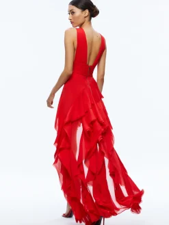 Alice and Olivia GUEST OF|MAXI*HOLLY ASYMMETRIC RUFFLE MAXI DRESS