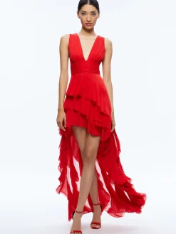 Alice and Olivia GUEST OF|MAXI*HOLLY ASYMMETRIC RUFFLE MAXI DRESS