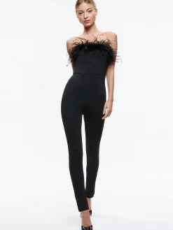 Alice and Olivia JUMPSUITS*IDELL OFF SHOULDER FEATHER TRIM JUMPSUIT