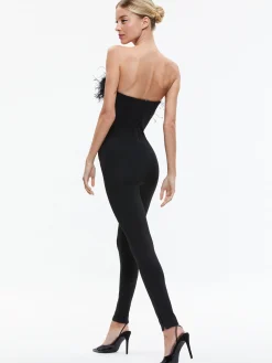 Alice and Olivia JUMPSUITS*IDELL OFF SHOULDER FEATHER TRIM JUMPSUIT