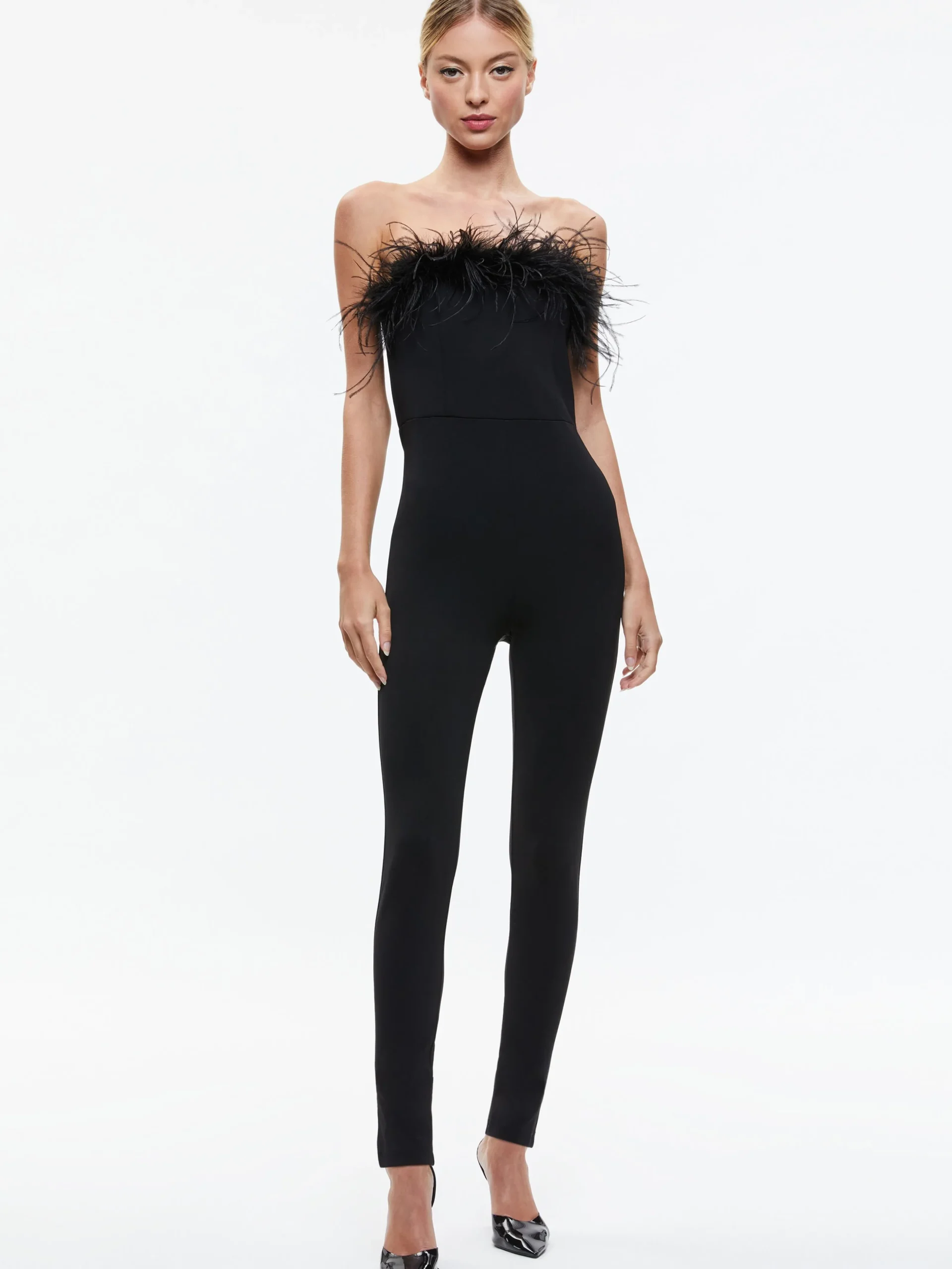 Alice and Olivia JUMPSUITS*IDELL OFF SHOULDER FEATHER TRIM JUMPSUIT