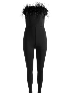Alice and Olivia JUMPSUITS*IDELL OFF SHOULDER FEATHER TRIM JUMPSUIT