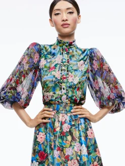 Alice and Olivia TOPS*ILAN SMOCKED SLEEVE BUTTON FRONT BLOUSE