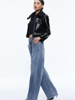 Alice and Olivia VEGAN LEATHER|JACKETS + COATS*ISAIAH VEGAN LEATHER FAUX SHEARLING CROPPED JACKET