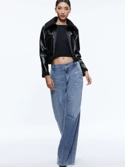 Alice and Olivia VEGAN LEATHER|JACKETS + COATS*ISAIAH VEGAN LEATHER FAUX SHEARLING CROPPED JACKET