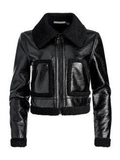 Alice and Olivia VEGAN LEATHER|JACKETS + COATS*ISAIAH VEGAN LEATHER FAUX SHEARLING CROPPED JACKET