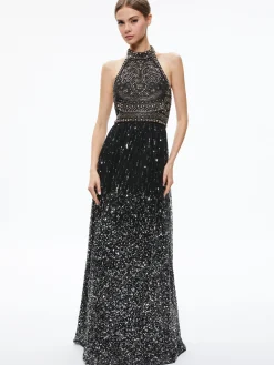 Alice and Olivia GUEST OF|MAXI*JAEL EMBELLISHED HALTER NECK MAXI GOWN
