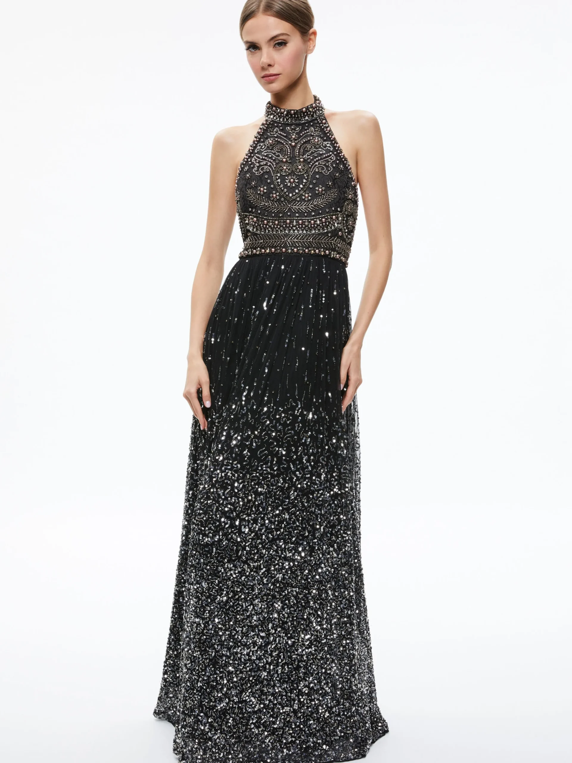 Alice and Olivia GUEST OF|MAXI*JAEL EMBELLISHED HALTER NECK MAXI GOWN
