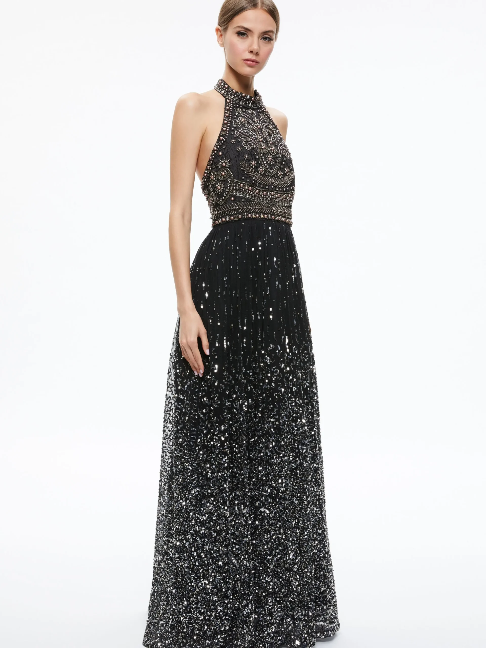 Alice and Olivia GUEST OF|MAXI*JAEL EMBELLISHED HALTER NECK MAXI GOWN