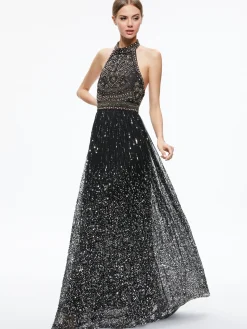 Alice and Olivia GUEST OF|MAXI*JAEL EMBELLISHED HALTER NECK MAXI GOWN