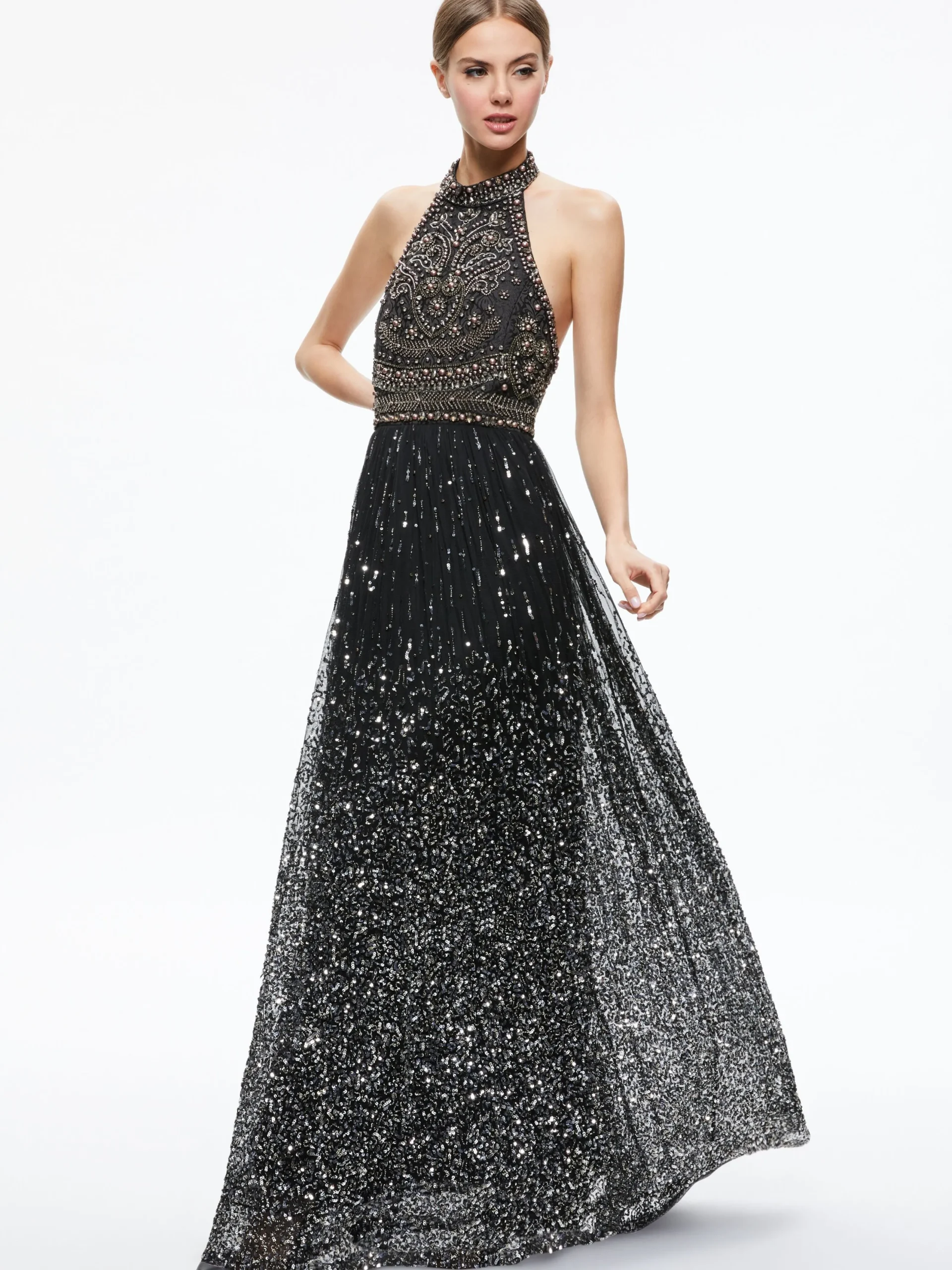 Alice and Olivia GUEST OF|MAXI*JAEL EMBELLISHED HALTER NECK MAXI GOWN