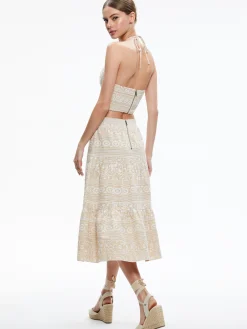 Alice and Olivia MATCHING SETS*JAYMEE TIE NECK CROPPED HALTER TOP + REISE TIERED MIDI SKIRT