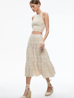 Alice and Olivia MATCHING SETS*JAYMEE TIE NECK CROPPED HALTER TOP + REISE TIERED MIDI SKIRT