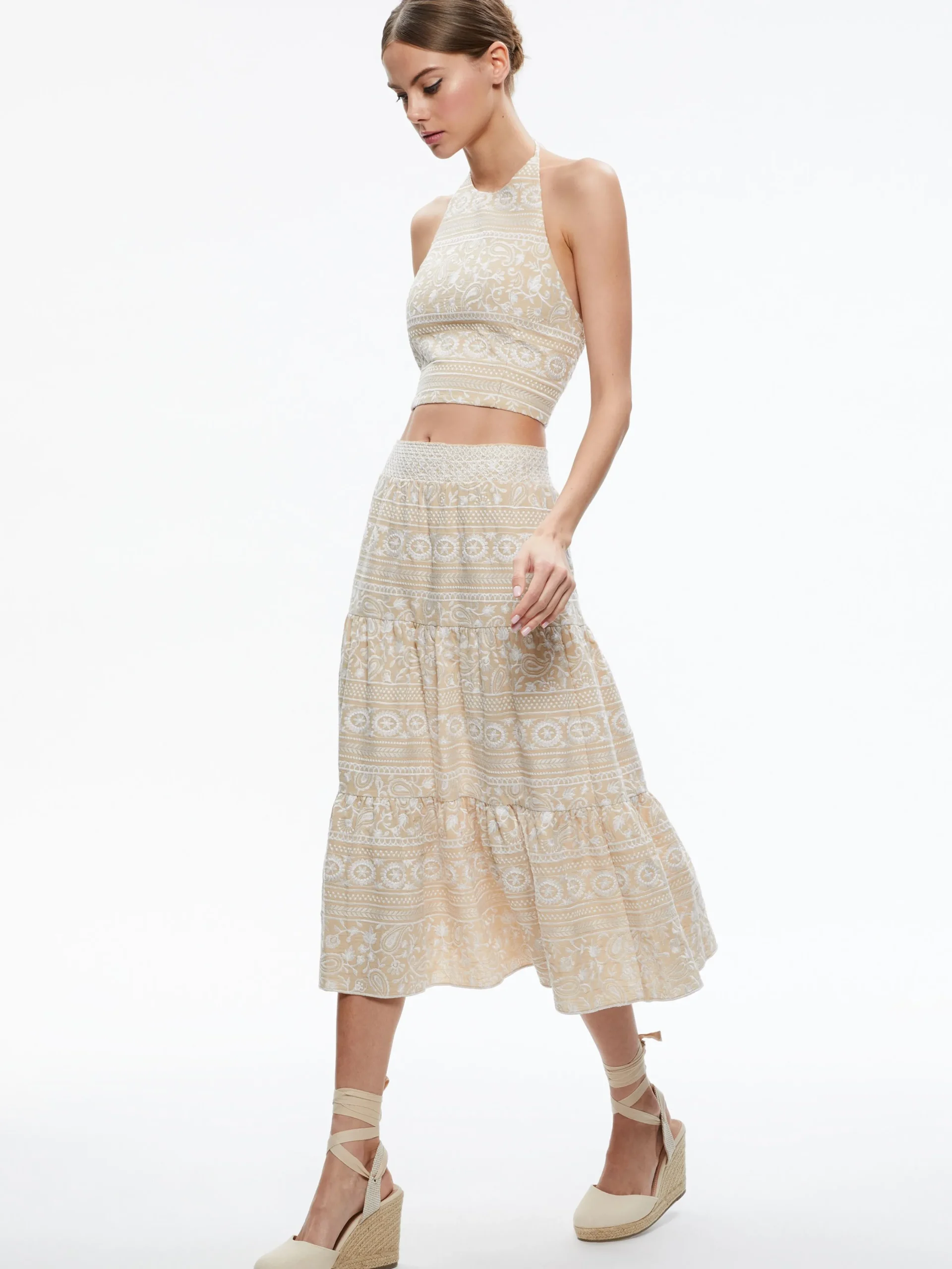 Alice and Olivia MATCHING SETS*JAYMEE TIE NECK CROPPED HALTER TOP + REISE TIERED MIDI SKIRT