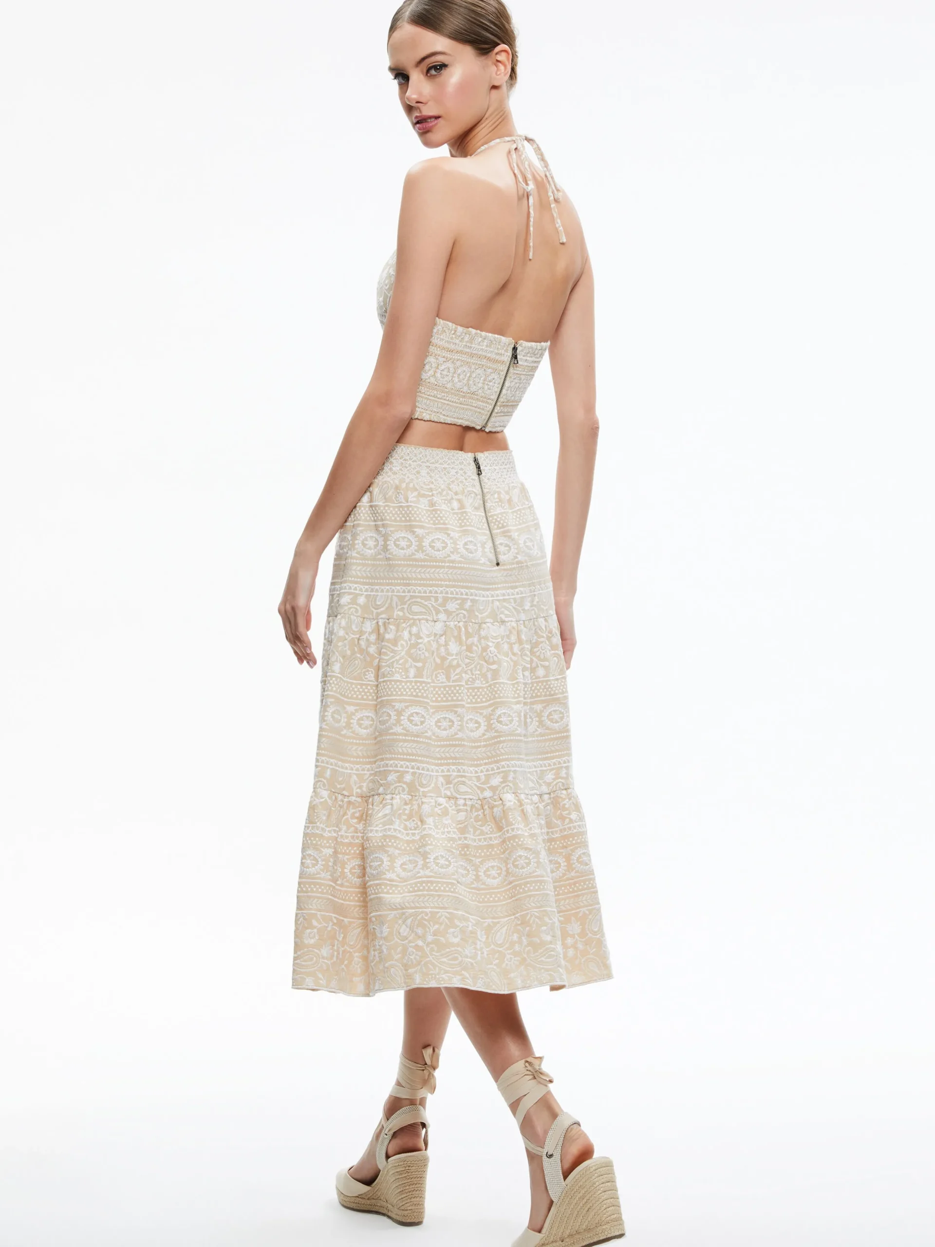 Alice and Olivia MATCHING SETS*JAYMEE TIE NECK CROPPED HALTER TOP + REISE TIERED MIDI SKIRT