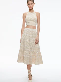 Alice and Olivia MATCHING SETS*JAYMEE TIE NECK CROPPED HALTER TOP + REISE TIERED MIDI SKIRT