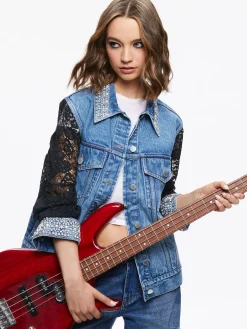 Alice and Olivia JEAN SHOP|JACKETS + COATS*JEFF EMBELLISHED LACE SLEEVE DENIM JACKET