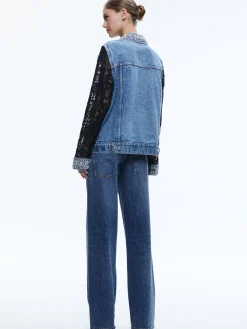 Alice and Olivia JEAN SHOP|JACKETS + COATS*JEFF EMBELLISHED LACE SLEEVE DENIM JACKET