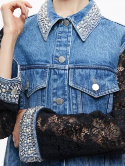 Alice and Olivia JEAN SHOP|JACKETS + COATS*JEFF EMBELLISHED LACE SLEEVE DENIM JACKET