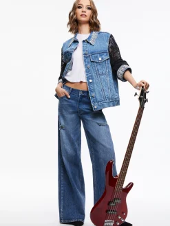 Alice and Olivia JEAN SHOP|JACKETS + COATS*JEFF EMBELLISHED LACE SLEEVE DENIM JACKET