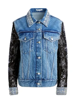 Alice and Olivia JEAN SHOP|JACKETS + COATS*JEFF EMBELLISHED LACE SLEEVE DENIM JACKET