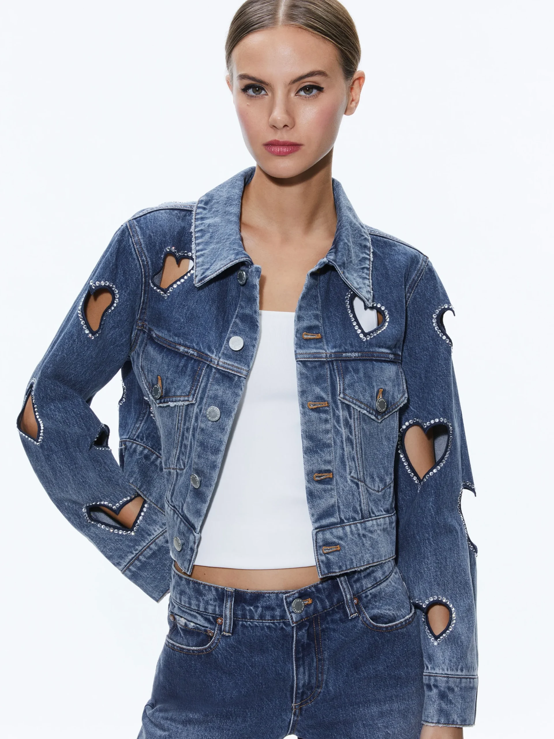 Alice and Olivia JEAN SHOP|VALENTINE'S DAY EDIT*JEFF HEART EMBELLISHED CROPPED DENIM JACKET