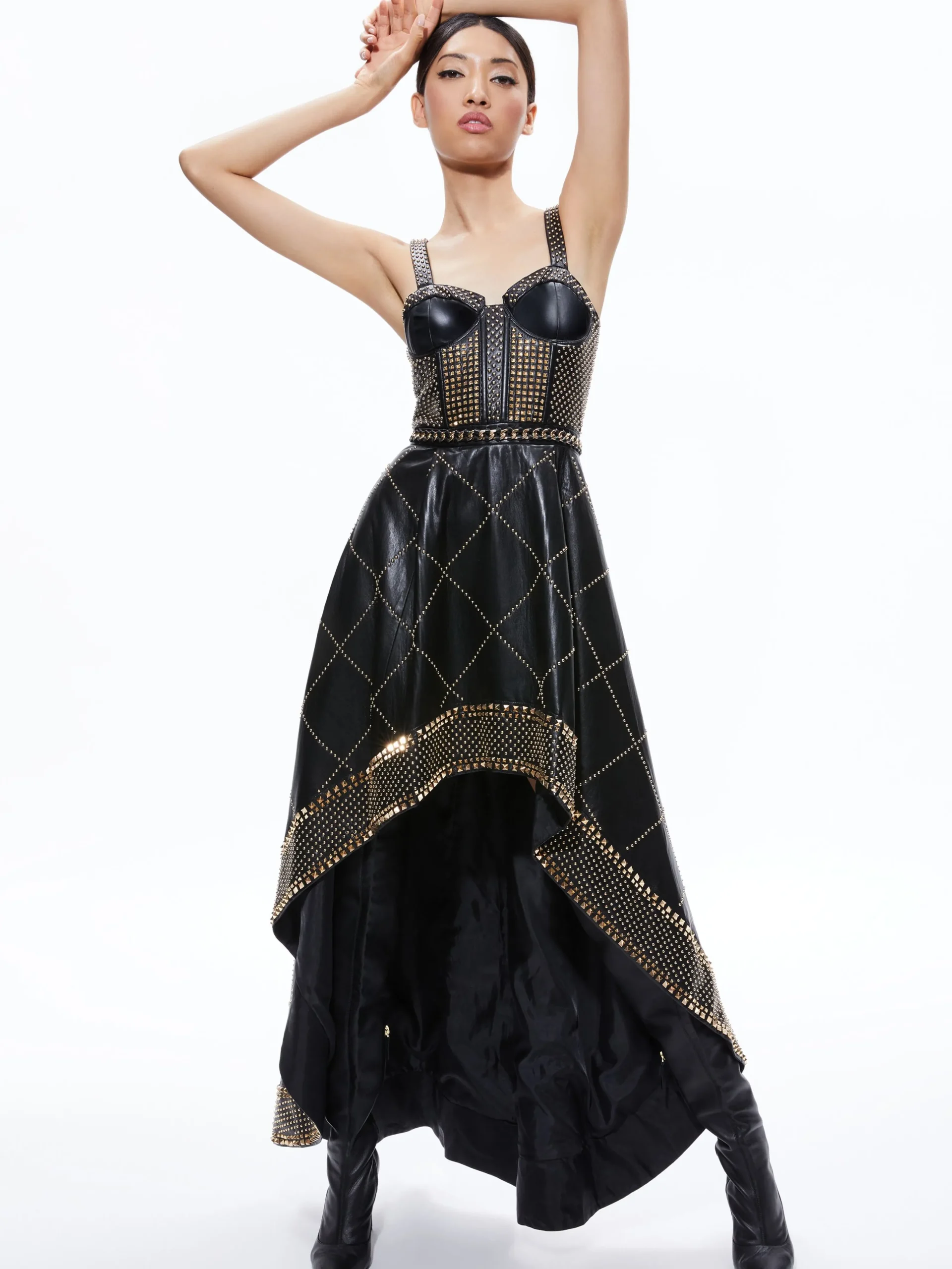 Alice and Olivia VEGAN LEATHER|GUEST OF*JERLENE STUDDED VEGAN LEATHER CORSET GOWN