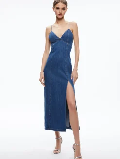 Alice and Olivia JEAN SHOP|MIDI*JULIETTA DENIM SLIP DRESS WITH SLIT