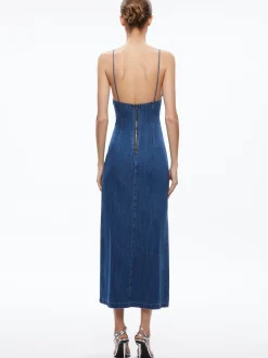 Alice and Olivia JEAN SHOP|MIDI*JULIETTA DENIM SLIP DRESS WITH SLIT