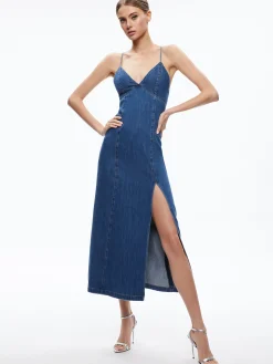Alice and Olivia JEAN SHOP|MIDI*JULIETTA DENIM SLIP DRESS WITH SLIT