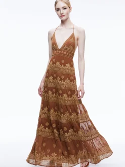 Alice and Olivia GUEST OF|MAXI*KAROLINA EMBROIDERED HALTER NECK MAXI DRESS