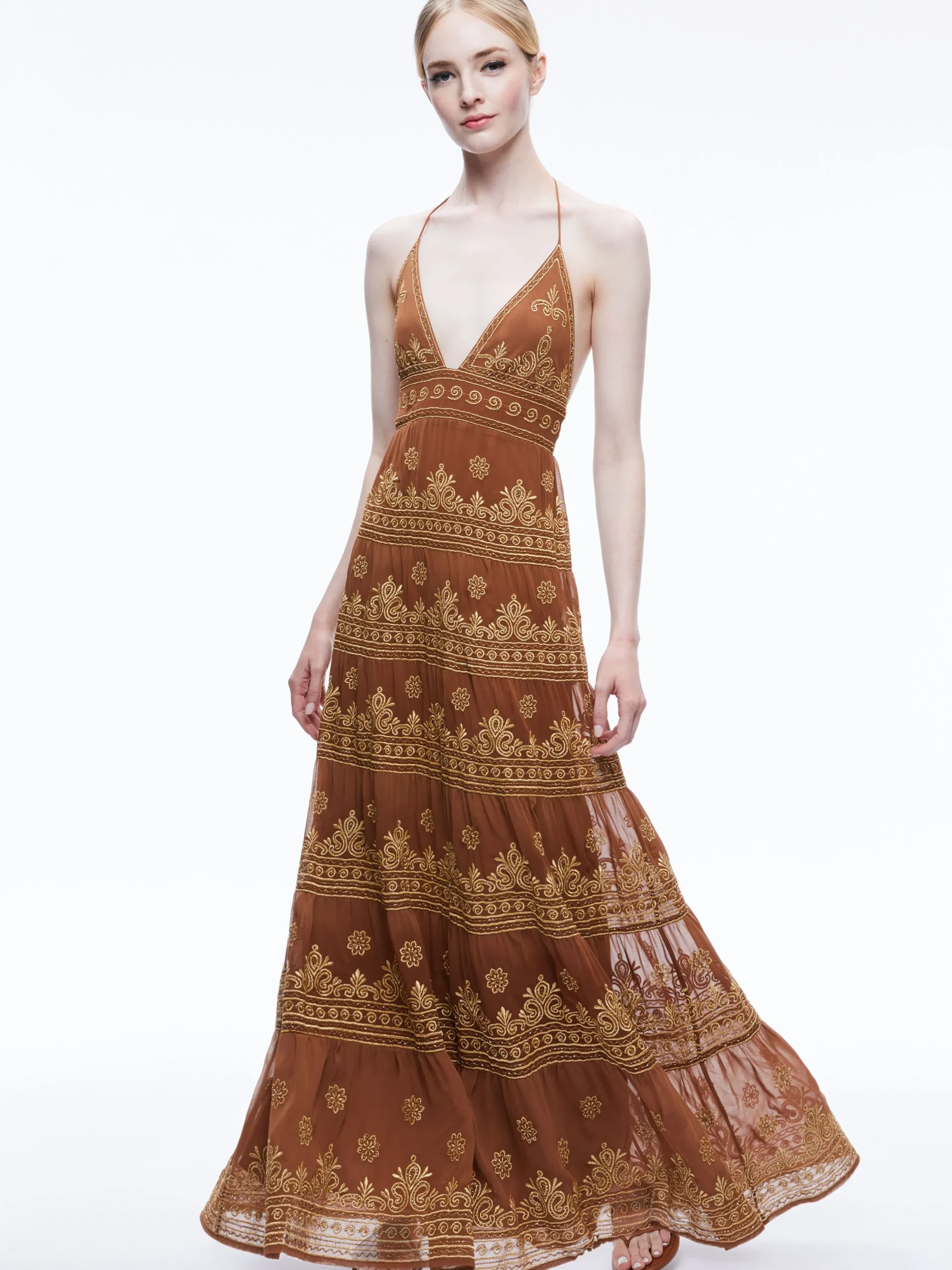 Alice and Olivia GUEST OF|MAXI*KAROLINA EMBROIDERED HALTER NECK MAXI DRESS