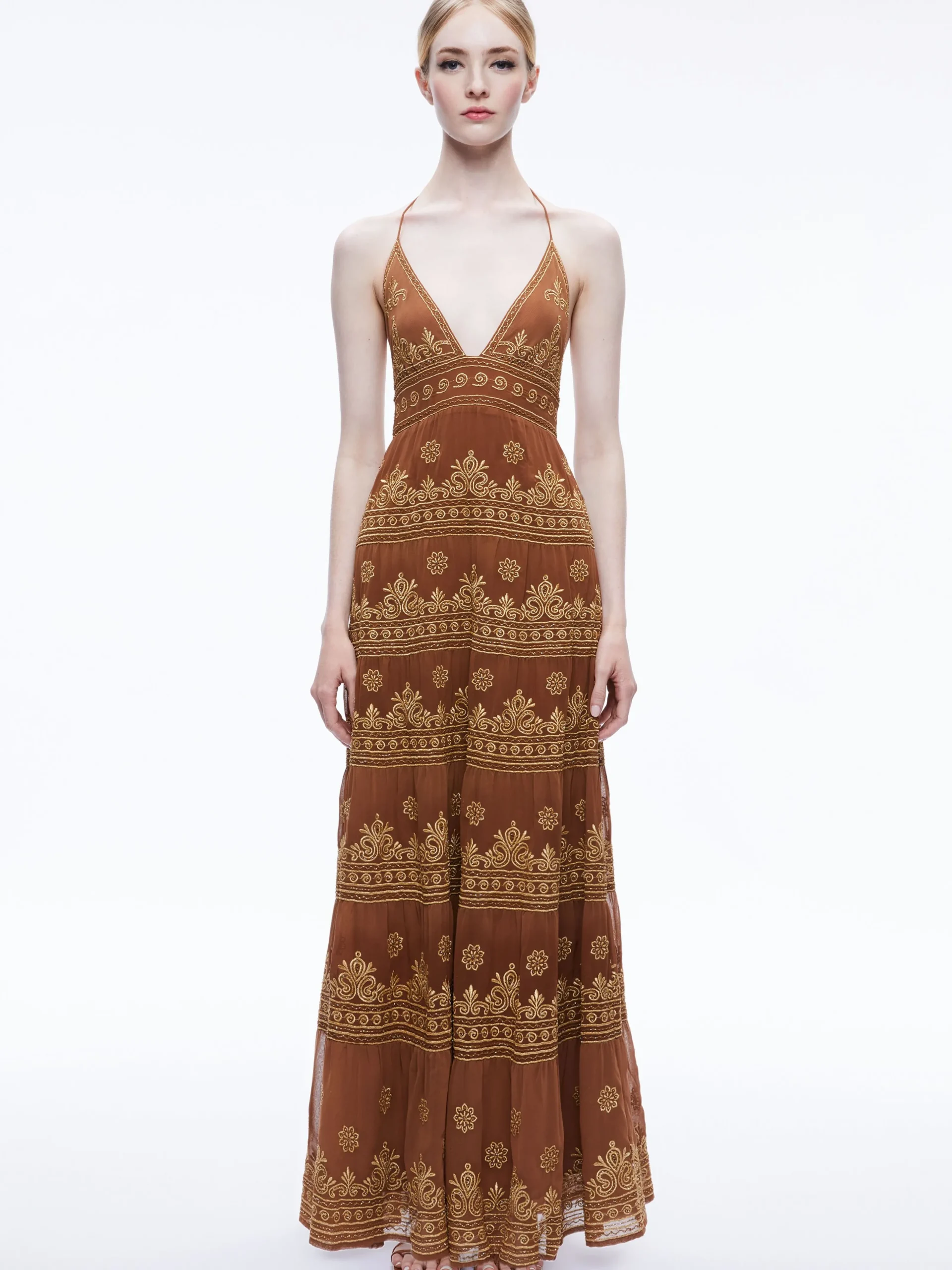 Alice and Olivia GUEST OF|MAXI*KAROLINA EMBROIDERED HALTER NECK MAXI DRESS