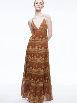 Alice and Olivia GUEST OF|MAXI*KAROLINA EMBROIDERED HALTER NECK MAXI DRESS