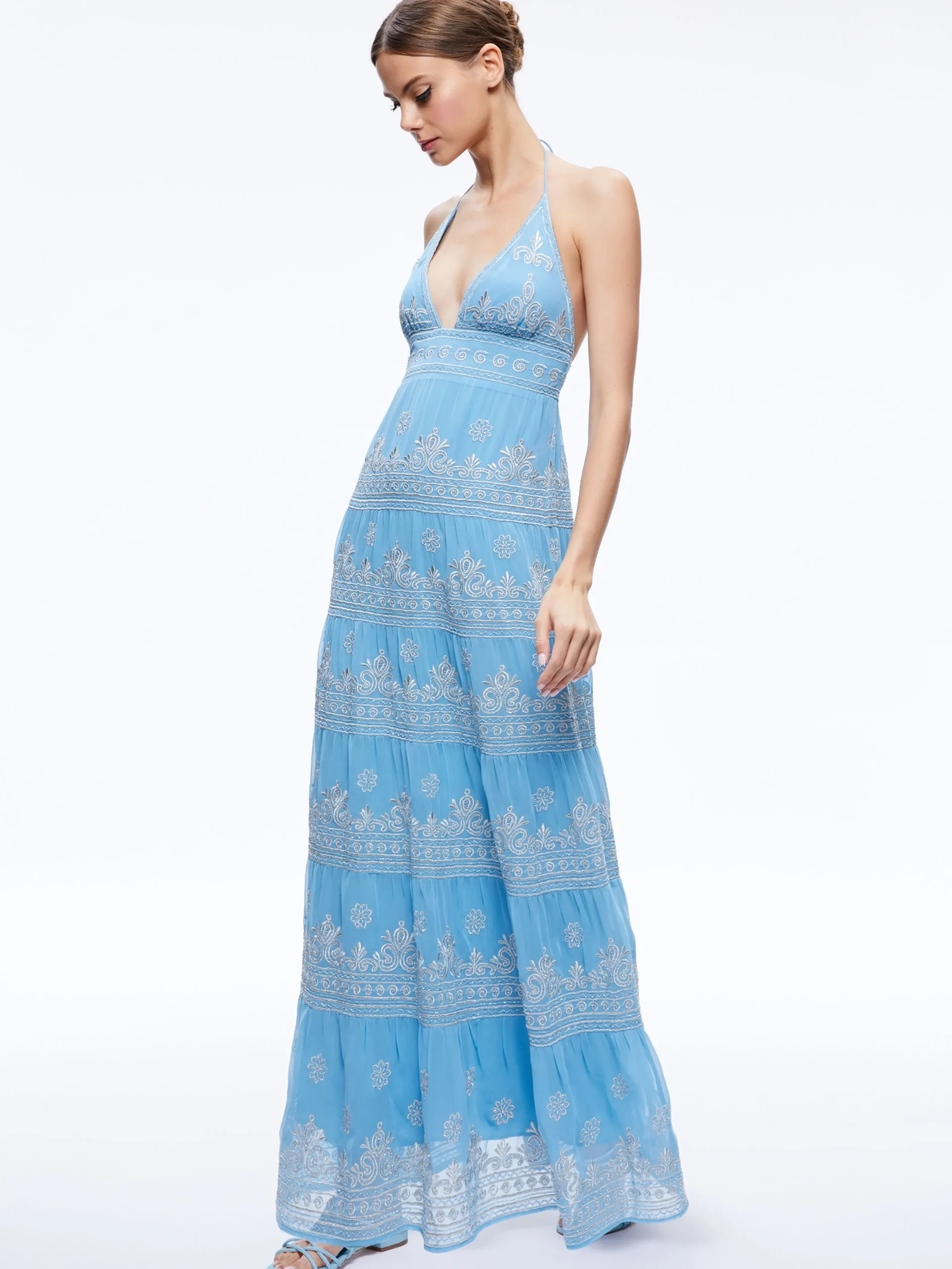 Alice and Olivia GUEST OF|MAXI*KAROLINA EMBROIDERED HALTER NECK MAXI DRESS