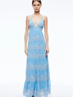 Alice and Olivia GUEST OF|MAXI*KAROLINA EMBROIDERED HALTER NECK MAXI DRESS