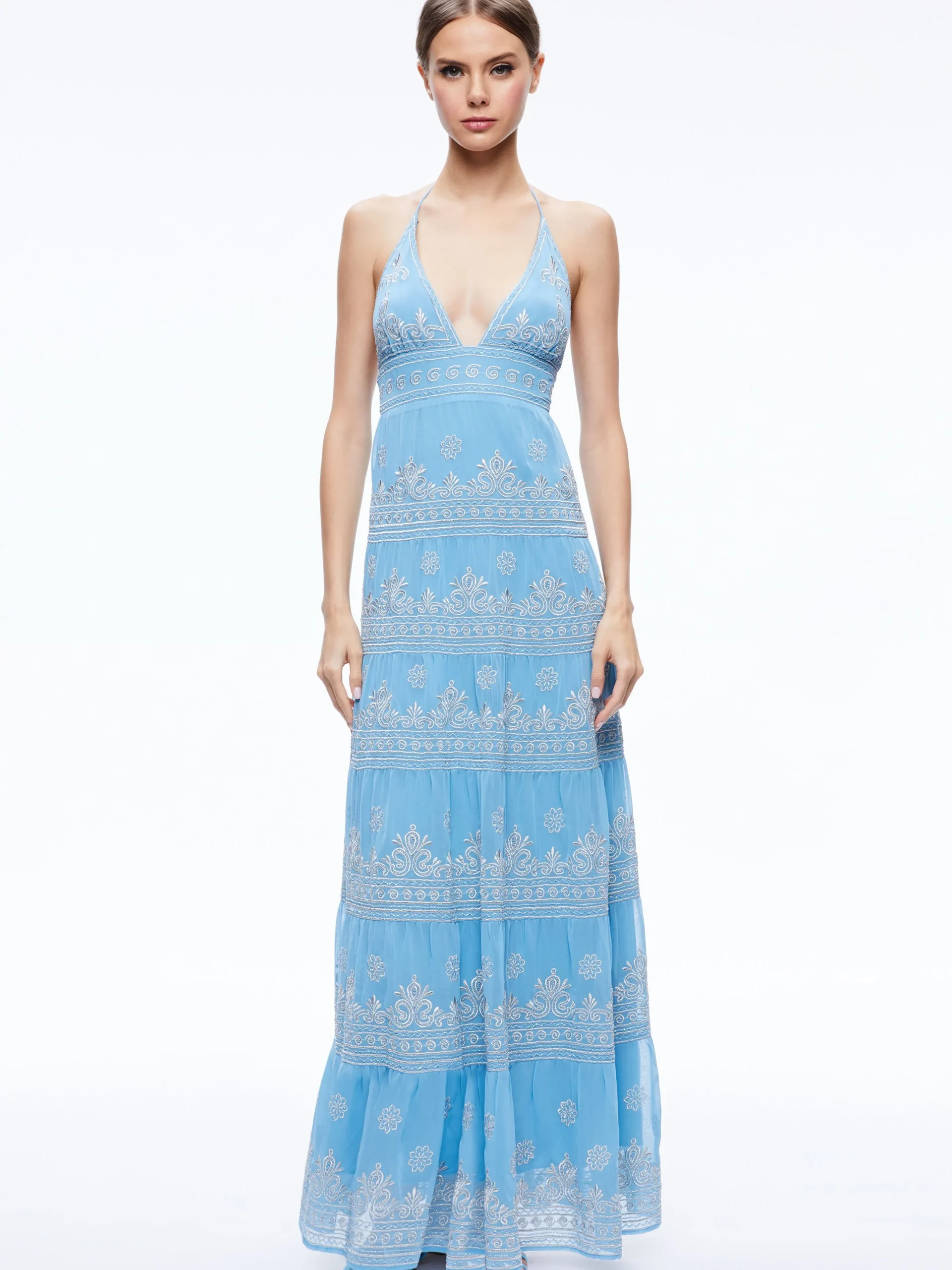 Alice and Olivia GUEST OF|MAXI*KAROLINA EMBROIDERED HALTER NECK MAXI DRESS