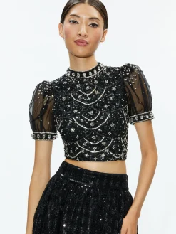 Alice and Olivia TOPS*KRISTINA EMBELLISHED PUFF SLEEVE CROP TOP