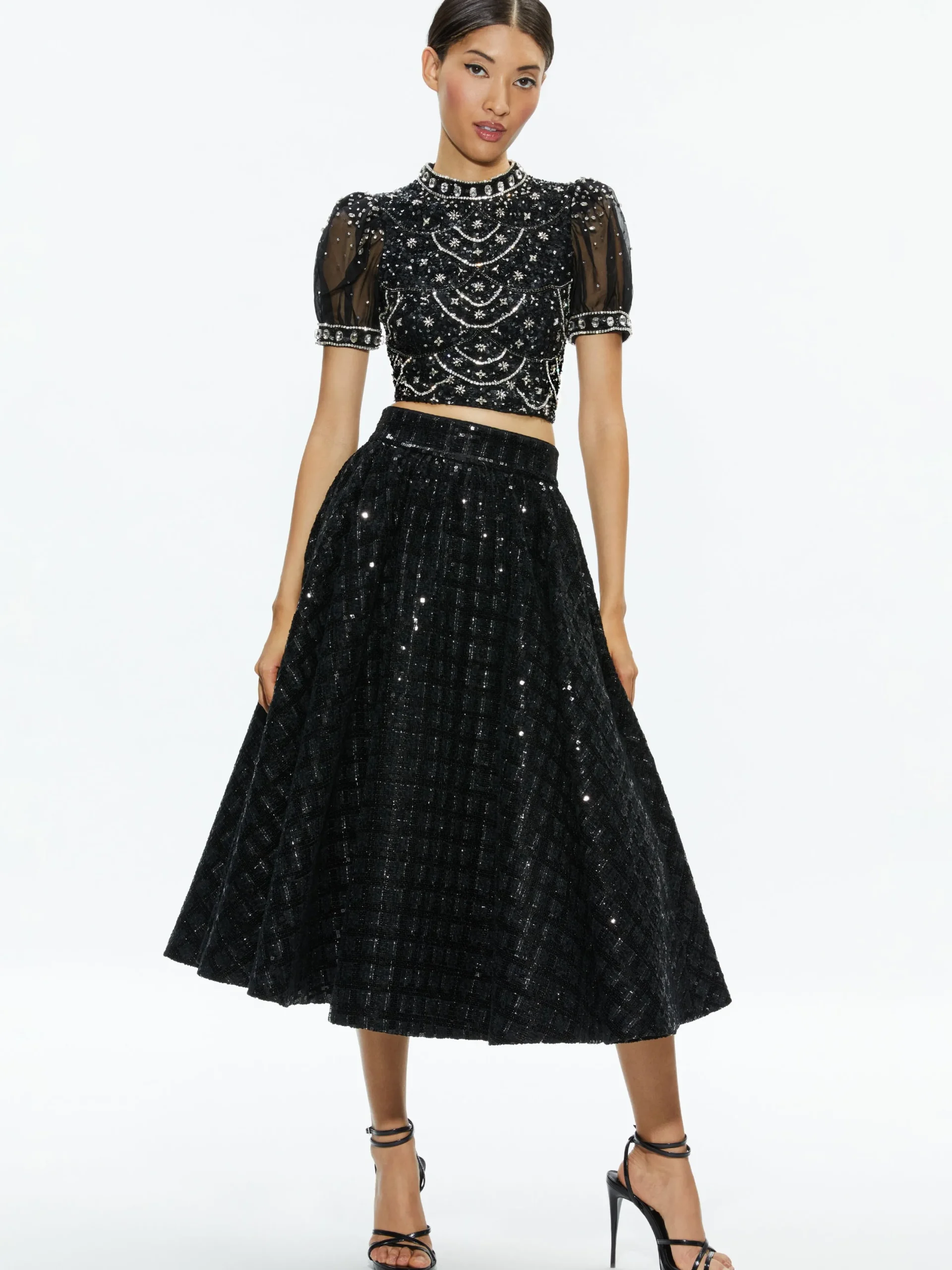 Alice and Olivia TOPS*KRISTINA EMBELLISHED PUFF SLEEVE CROP TOP