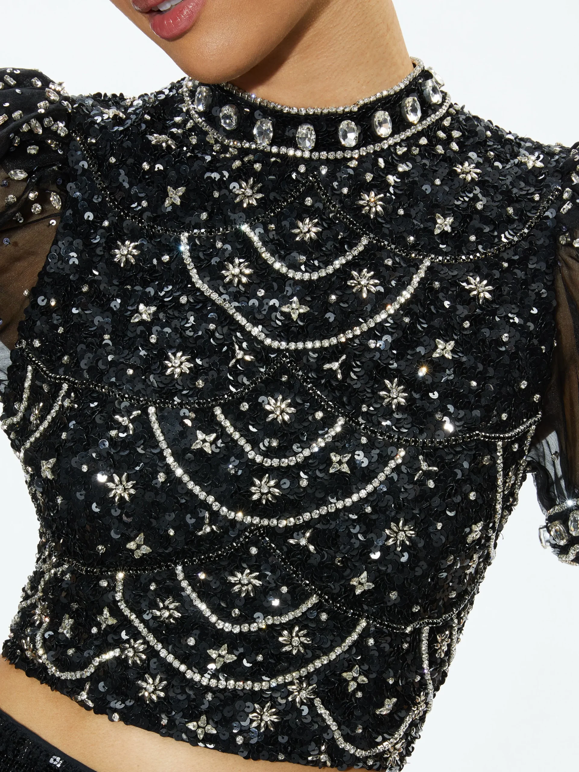 Alice and Olivia TOPS*KRISTINA EMBELLISHED PUFF SLEEVE CROP TOP
