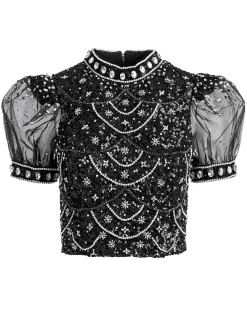 Alice and Olivia TOPS*KRISTINA EMBELLISHED PUFF SLEEVE CROP TOP