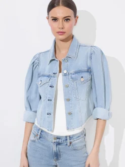 Alice and Olivia JEAN SHOP|JACKETS + COATS*LANA PUFF SLEEVE DENIM JACKET WITH RAW HEM
