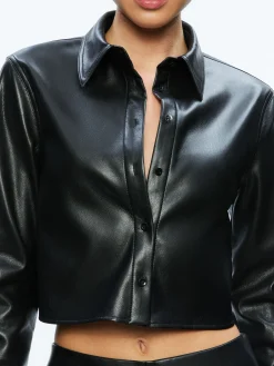 Alice and Olivia VEGAN LEATHER|ESSENTIALS*LEON CROPPED VEGAN LEATHER BUTTON DOWN