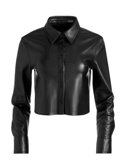 Alice and Olivia VEGAN LEATHER|ESSENTIALS*LEON CROPPED VEGAN LEATHER BUTTON DOWN