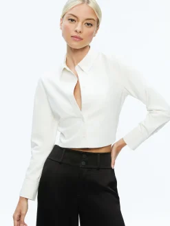 Alice and Olivia VEGAN LEATHER|ESSENTIALS*LEON CROPPED VEGAN LEATHER BUTTON DOWN