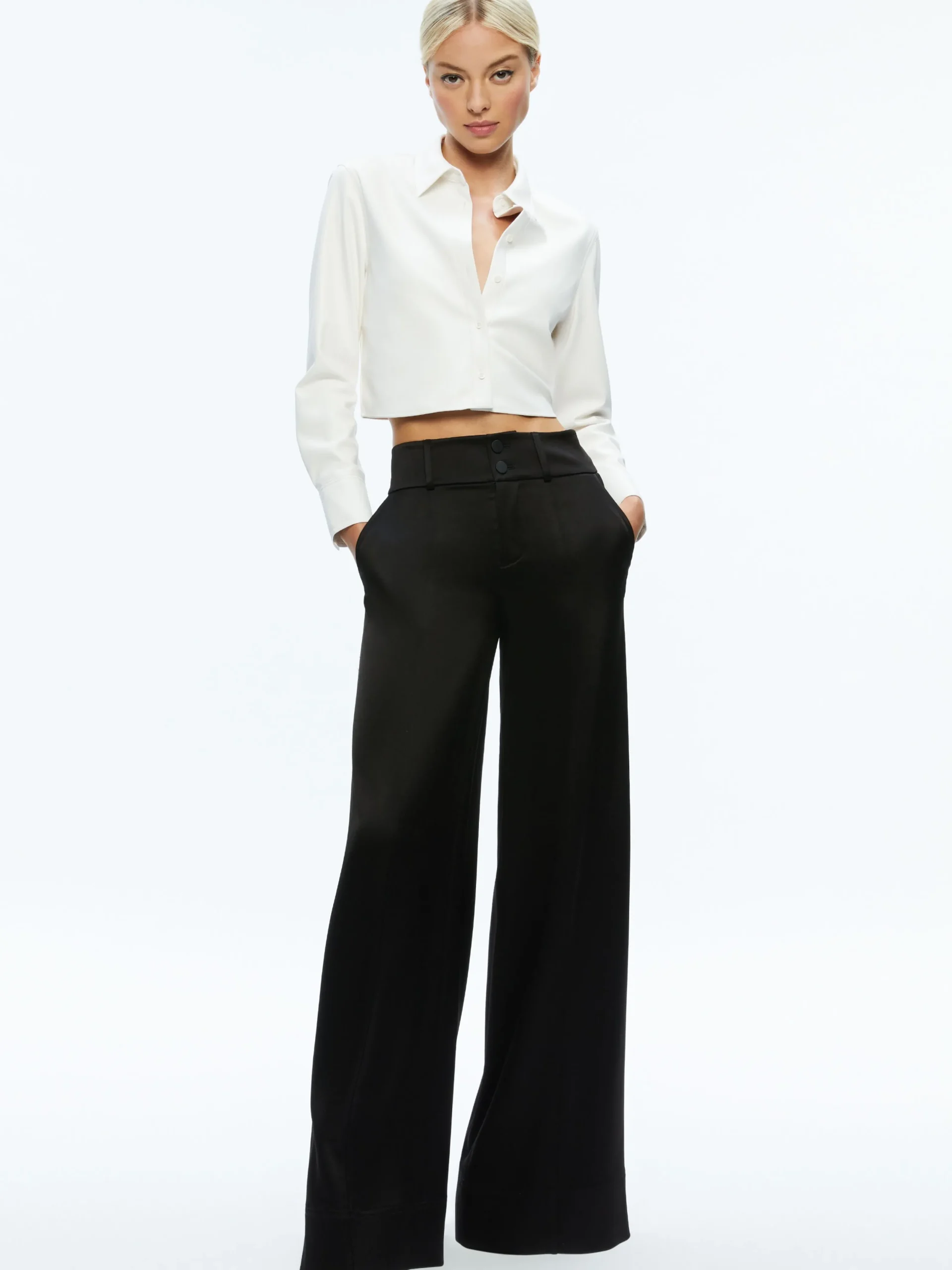 Alice and Olivia VEGAN LEATHER|ESSENTIALS*LEON CROPPED VEGAN LEATHER BUTTON DOWN