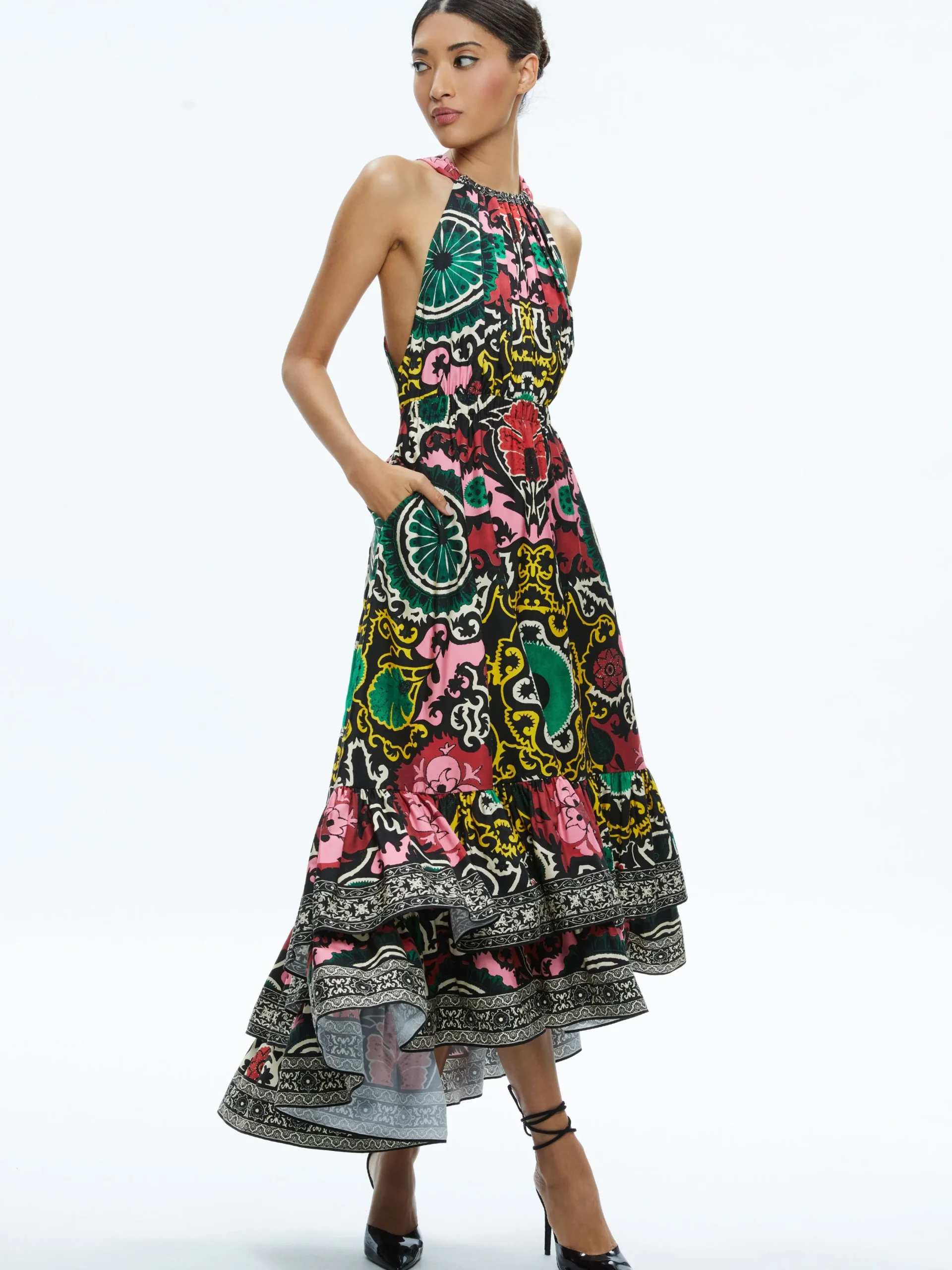 Alice and Olivia GUEST OF|MAXI*LOYCE TWIST BACK RUFFLE MAXI DRESS