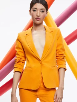 Alice and Olivia MATCHING SETS*MACEY NOTCH COLLAR FITTED BLAZER + CARLI DENIM BRA TOP + BEAUTIFUL HIGH RISE BELL JEAN
